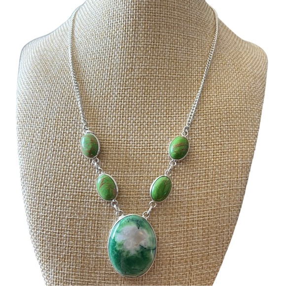 New Green Dendritic Opal Stone w Mosaic Jasper Silver Overlay Necklace 17” - Picture 2 of 13